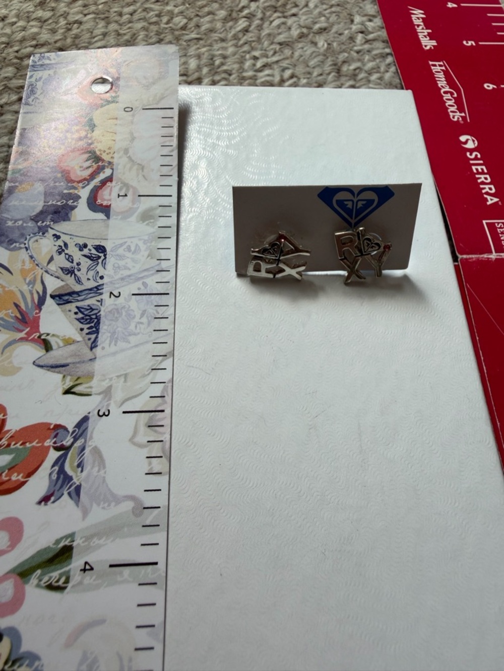 Roxy Silver Letter Stud Earrings with Pink Gem Accents - Picture 5 of 6